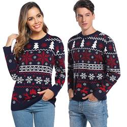 Aseniza Weihnachtspullover Damen Strickpullover Christmas Sweater Pullover Weihnachten Langarmshirt mit Rundhalsausschnitt Lustiger Weihnachtspulli für Damen Herren,Dunkelblau-Damen,L von Aseniza