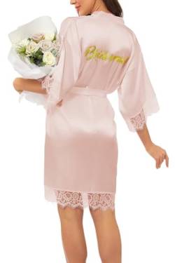 Asenzia Damen Morgenmantel Satin Kurz Braut Robe Kimono Bademantel Mit Spitze Nachthemd Nachtwäsche Sleepwear Mit Gürtel Für Hochzeit Brautparty,Pink-Brautjungfer,S von Aseniza