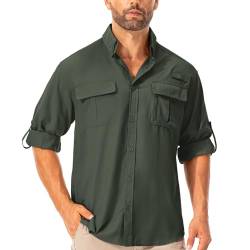 Hemd Herren Safari UPF50+ UV Schutz Wanderhemd Herren Langarm Funktionshemd Outdoorhemd Atmungsaktiv Schnelltrocknend Casual Button Down Shirts(5053 Army Green L) von Asfixiado