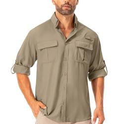 Hemd Herren Safari UPF50+ UV Schutz Wanderhemd Herren Langarm Funktionshemd Outdoorhemd Atmungsaktiv Schnelltrocknend Casual Button Down Shirts(5053 Khaki 3XL) von Asfixiado