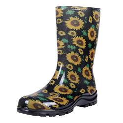 Asgard Damen Mid Calf Regenstiefel Bedruckte Wasserdichte Gummistiefel Kurze Gartenhose, Sonnenblumen schwarz, 40.5 EU von Asgard