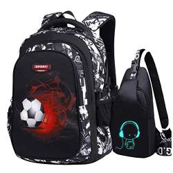 Asge Schulrucksack Jungen Teenager Nylon Groß Schultaschen Mädchen Ranzen Kinder Rucksäcke Fußball Druck Schulranzen für 3-5 Jahre School Bags for Boys Wasserdicht Schulranzen von Asge