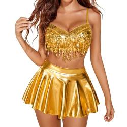 2 Stück Rave Outfit Glitzer Rock Damen Bauchtanz Kostüme Pailletten Rock Fransen Röcke Bauchtanz Hüfttuch Silber Quaste Top BH Pailettenoberteile Festival Tanz Club Karneval Party Kostüm (Yellow, S) von Ashleyzj