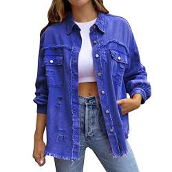 Ashleyzj Bomberjacke Damen Jeansjacke Trendige Zerrissene übergroßE Lässige Lange Boyfriend-Jeansjacken Im Distressed-Stil üBergangsjacke Mantel Vintage Jean Mantel ÜBergangs Ripped Denim Jacken von Ashleyzj