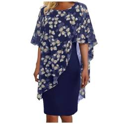 Ashleyzj Kleid Damen Elegant Abendkleid Große Größe Chiffon Cape Cocktailkleid Knielang Blumendruck Abendkleid mit Overlay Chiffonkleid Partykleid Zweiteiliges Set Kleider Cardigan Kleid (Blue, XXL) von Ashleyzj