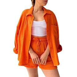 Ashleyzj Zweiteiler Damen Sommer Outfits 2 Teiler Musselin Hose Anzug Elegant Set Freizeit Basic 2 Teilig Langarm Hemd Hemdshirt Set Für Frauen Streetwear Oversize Tracksuit Set High Waist (Orange, S) von Ashleyzj