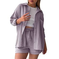 Ashleyzj Zweiteiler Damen Sommer Outfits 2 Teiler Musselin Hose Anzug Elegant Set Freizeit Basic 2 Teilig Langarm Hemd Hemdshirt Set Für Frauen Streetwear Oversize Tracksuit Set High Waist (Purple, M) von Ashleyzj