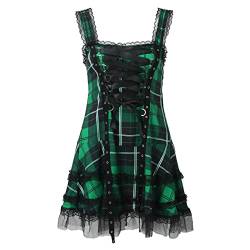 Damen Gothic Kleid Kariertes Schnüren Minikleid Strap Kleid Punk Halloween Cosplay Kleid Steampunk Vintage Rockabilly Kleid Schlitz Damen Spitze Patchwork Kariertes ärmelloser Rock Mode Kleidung von Ashleyzj