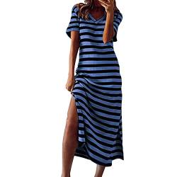 Damen Streifen Maxikleid Kurzarm V-Ausschnitt Sommer Maxi Kleid Lockeres Freizeitkleid Lässiges Strandkleid Sommerkleid Strand Split Loose Bohemian Schlitz T-Shirt-Kleid Casualkleid Strandkleid von Ashleyzj