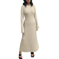 Damen Strickkleid Elegant Langarm Rippenstrick Sweater Dress for Women 2023 Elegant Long Sleeve Crew Neck Ribbed Knit Solid Fall Bodycon Maxi Dress Streetwear Figurbetontes Kleid (Beige, M) von Ashleyzj