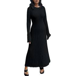 Damen Strickkleid Elegant Langarm Rippenstrick Sweater Dress for Women 2023 Elegant Long Sleeve Crew Neck Ribbed Knit Solid Fall Bodycon Maxi Dress Streetwear Figurbetontes Kleid (Black, M) von Ashleyzj