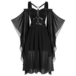 Gothic Kleid Damen, Cocktailkleider für Damen, Vintage Schwarz Mittelalterliches A-Linie Kleid mit Trompetenärmeln Gebundene Taille Kleid Halloween Karneval Kostüm für Frauen von Ashleyzj