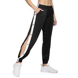 Jogginghose Damen Jogginghose Sporthose Damen Knopfleiste Trainingshose Lang Freizeithosen Yogahose Streifen Sweathose Lose Casual Gym Fitness Hose Pant mit Elastisches Band und Taschen (1-Black, M) von Ashleyzj