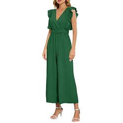 Jumpsuit Damen Elegant Für Hochzeit Strand Overall Damen Sommer Hosenanzug Damen Business Hawaii V-Ausschnitt Kurzarm Einteiler Feder Hohe Taille Lang Romper mit Taschen und Gürtel Breites (Green, L) von Ashleyzj