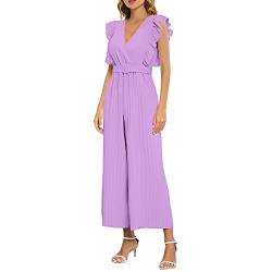 Jumpsuit Damen Elegant Für Hochzeit Strand Overall Damen Sommer Hosenanzug Damen Business Hawaii V-Ausschnitt Kurzarm Einteiler Feder Hohe Taille Lang Romper mit Taschen und Gürtel Breites (Purple, M) von Ashleyzj