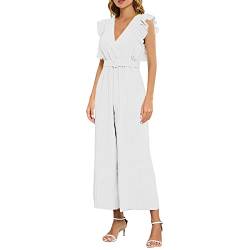 Jumpsuit Damen Elegant Für Hochzeit Strand Overall Damen Sommer Hosenanzug Damen Business Hawaii V-Ausschnitt Kurzarm Einteiler Feder Hohe Taille Lang Romper mit Taschen und Gürtel Breites (White, L) von Ashleyzj