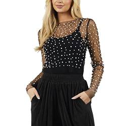 Mesh Oberteil Damen Glitzer Netzoberteil Damen Durchsichtiges Oberteil Langarm Glitzer Durchsichtiges Shirt mit Perlen Sexy Transparentes Mesh Tops Fishnet Sheer Bluse Party (Black, M) von Ashleyzj