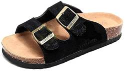 Damen Herren Slide Kork Fußbett Sandale Flach Verstellbarer Riemen Verstellbare Schnalle Slip auf Casual Open Toe Schuhe Wildleder Sommer（Schwarz,44/45 EU,43 Markengröße von Asifn