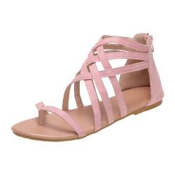 Sandalen Damen Sommer Römische Gladiator-Sandalen für Damen Tanga Geflochten Mit Kreuzreißverschluss Flache Sommerschuhe（Rosa,40 EU von Asifn