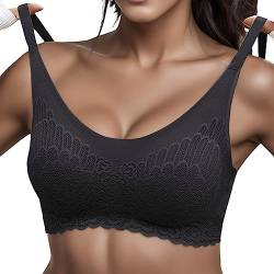 Asija BH Damen Spitze Entlastungs Ohne Bügel BH Große Brüste Starker Halt Gepolstert Top Mit Integriertem BH Sport BH Push Up Bügelloser Seamless Schlaf BH Damen Große Größen Schwarz L von Asija