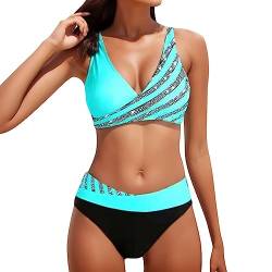 Asija Bikini Damen Bauchweg Große Brüste Bikini-Sets Für Damen Push Up Sexy V-Ausschnitt Crossover Zweiteiliger Badeanzug Für Mollige Damen Große Oberweite Swimming Suits 2 Pieces Schwarz Grün M von Asija