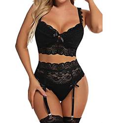 Asija Damen Dessous Set Sexy, Strapsen Dessous Set Sexy Lingerie mit Strumpfband Unterwäsche Unterwäsche Outfit BH und G-String Reizwäsche Spitzen Teddy Babydoll Bodysuit erotische Dessous Frau von Asija