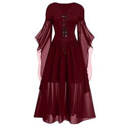 Halloween Gothic Kleid Damen Vintage Mittelalter Kleidung Damen Trompetenärmeln Spitzenkleid Gothic Abendkleider Große Größen Festlich Damenkleider Teufel Vampir Kleider Schulterfreies Hexenkleid von Asija