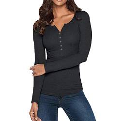 Damen Basic Langarmshirts V-Ausschnitt Slim fit Shirt Lange Ärmel Pullover eng Einfarbig Rippe Mode Blusentop Lässig Bottoming Bluse Frühling Shaper TunikenFreizeithemdmit Knopfleiste von Asingaau