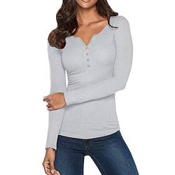 Damen Basic Langarmshirts V-Ausschnitt Slim fit Shirt Lange Ärmel Pullover eng Einfarbig Rippe Mode Blusentop Lässig Bottoming Bluse Frühling Shaper TunikenFreizeithemdmit Knopfleiste von Asingaau