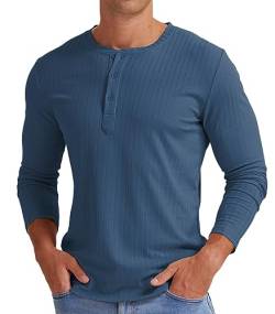 Askdeer Herren Henley Shirts Langarm Classic Slim Fit Freizeithemd Stretch mit Knopfleiste vorne, B03 Blau, XX-Large von Askdeer