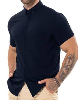 Askdeer Herren Muscle Dress Shirts Slim Fit Kurzarm Stretch Casual Button Down Shirt, A07 Marineblau, Mittel von Askdeer