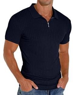 Askdeer Herren-Poloshirts mit Reißverschluss, klassisch, Stretch, schmale Passform, T-Shirt, Freizeit und Arbeit, B05 Navy Blue, XL von Askdeer