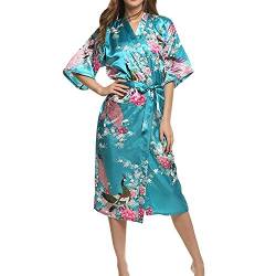 Asskyus Lange Schlaf Robe Kimono Robe, Floral Satin Robe Pfau und Blüten Bademantel, Nachtwäsche (2XL, Blauer See) von Asskyus