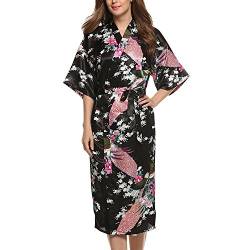 Asskyus Lange Schlaf Robe Kimono Robe, Floral Satin Robe Pfau und Blüten Bademantel, Nachtwäsche (XL, Schwarz) von Asskyus