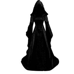 Astarcoo Mittelalter Kleid mit Kapuze Damen Gothic Kleidung Renaissance Vintage Schnüren Maxikleid Trompetenärmel Halloween Kostüm Cosplay Dress Karneval Große Größe von Astarcoo