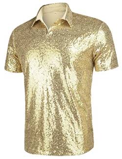 AstoSeu Herren 70er Jahre Disco Glänzende Pailletten Kurzarm Turndown Sparkle Nachtclub Party Polo T-Shirt Tops S-XXXL, Light Champagne, X-Groß von AstoSeu