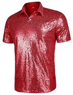 AstoSeu Herren 70er Jahre Disco Glänzende Pailletten Kurzarm Turndown Sparkle Nachtclub Party Polo T-Shirt Tops S-XXXL, rot, 3X-Groß von AstoSeu