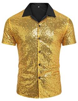 AstoSeu Herren Pailletten Kleid Hemd 70er Jahre Disco Kostüm Sparkle Party Kurzarm Button Down Shirts, gold, Groß von AstoSeu