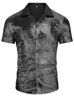 AstoSeu Herren Pailletten Kleid Hemd 70er Jahre Disco Kostüm Sparkle Party Kurzarm Button Down Shirts, schwarz, Groß von AstoSeu