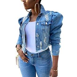 Aststle Lässige Damen-Jeansjacke, Übergröße, mit Knopfleiste, Reverskragen, kurzer Denimmantel, lange Puffärmel, sexy Streetwear, blau, 48 von Aststle