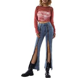 Aststle Lässige Jeans für Damen, mit Rissen, hohe Taille, Reißverschluss, geteilt, weites Bein, Denim-Hose, Übergröße, blau, XS von Aststle