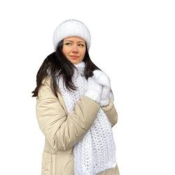 Damen 3-teiliges Wintermütze, Schal, Handschuhe-Set, lässig, gehäkelt, gestrickt, Beanie, Skullcap, Thermo-Fäustlinge, Handschuhe, Unendlichkeitsschal, Schal, weiß, Einheitsgröße von Aststle
