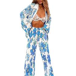 Damen Casual Plissee 2-teiliges Outfit Langarm Button Down Shirt Lose Weites Bein Flowy Strandhose Set Streetwear, B Floral Blue, 42 von Aststle