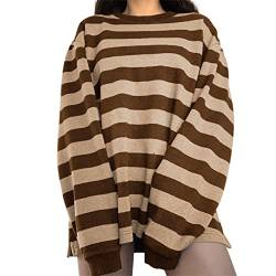 Damen Casual Y2K Oversized Sweatshirt Langarm Rundhalsausschnitt Loose Fit Streifen T-Shirt Vintage Ästhetisch Pullover Tops, C# Braun Khaki Streifen, 36 von Aststle