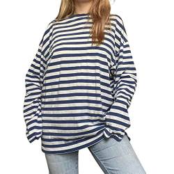 Damen Casual Y2K Oversized Sweatshirt Langarm Rundhalsausschnitt Loose Fit Streifen T-Shirt Vintage Ästhetisch Pullover Tops, D# Blau Beige gestreift, 46 von Aststle