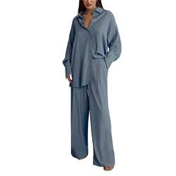 Frauen Casual Plissee 2 Stück Outfits Langarm Button Down Shirt Loose Wide Leg Flowy Beach Pants Set Streetwear, D Blau, 42 von Aststle