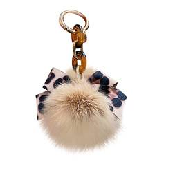 Asudaro Pompom Schlüsselanhänger, Flauschige Faux Plüsch Pompom Ball Tasche Anhänger Fuchspelz Taschenanhänger Mode Leopard Fliege für Frau Auto Spielzeug Schlüsselanhänger,Champagner von Asudaro