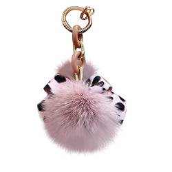 Asudaro Pompom Schlüsselanhänger, Flauschige Faux Plüsch Pompom Ball Tasche Anhänger Fuchspelz Taschenanhänger Mode Leopard Fliege für Frau Auto Spielzeug Schlüsselanhänger,Lederpuder (hellviolett) von Asudaro