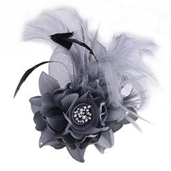 Damen Vintage Feder Brosche,Asudaro Blumen Feder Brautbroschen Haarschmuck Vintage Brosche Stoff Corsage Broschen Hochzeit Broschen für Frauen Party Haarschmuck Mode Hut Elegant Grau von Asudaro