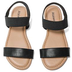 Ataiwee Frauen flache Sandalen - Komfort Casual Elastic Strap Slip auf Frühling Sommer Schuhe.(2008016,BK/PU,40.5) von Ataiwee